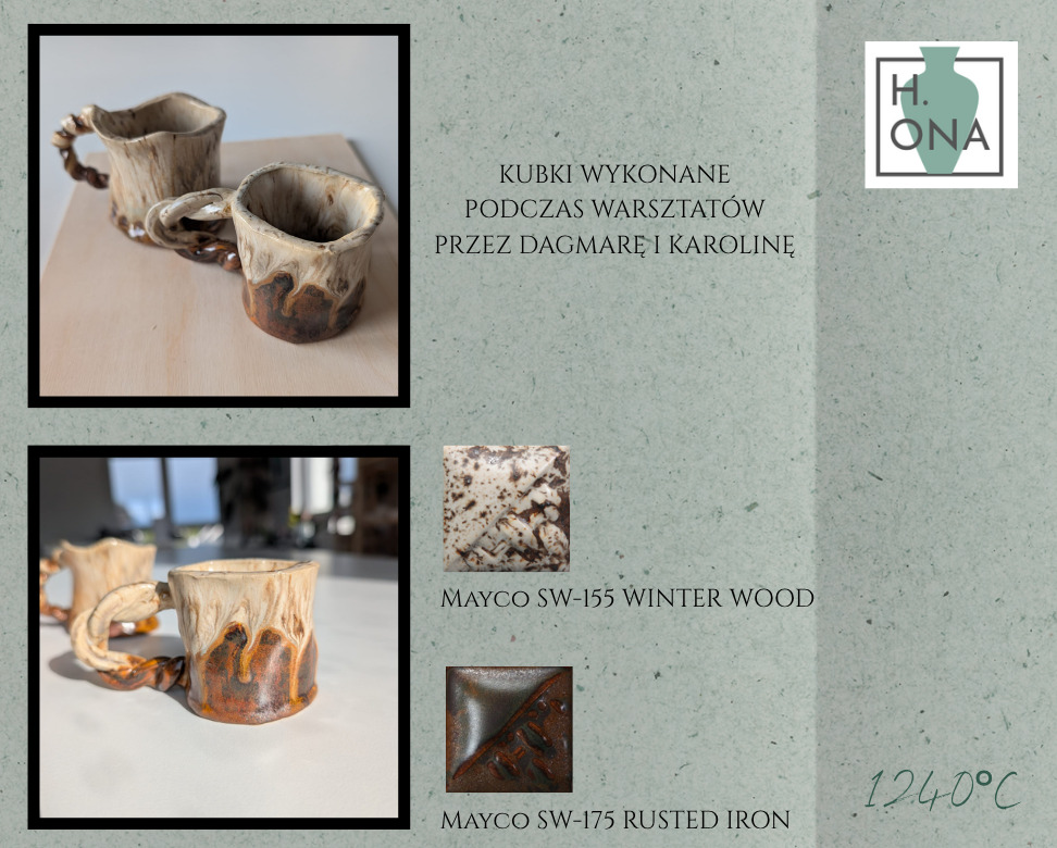 Kubki z warsztatów — szkliwa Mayco SW-155 Winter Wood i SW-175 Rusted Iron