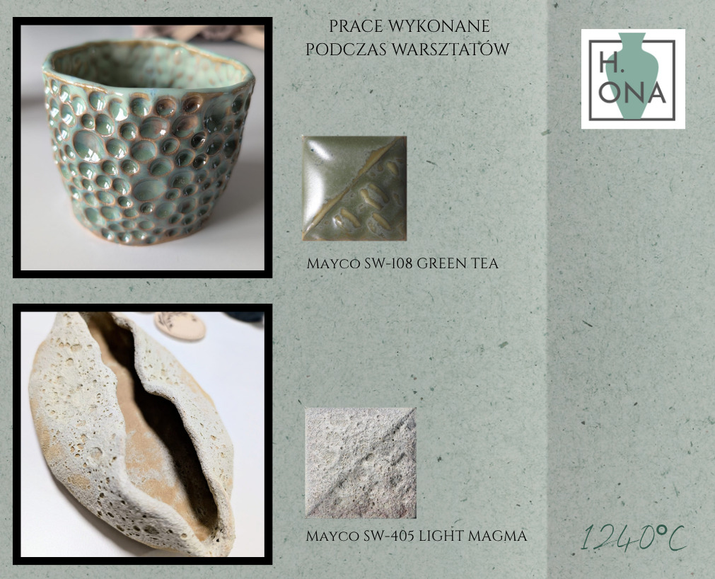 Miseczka i patera z warsztatów — szkliwa Mayco SW-108 Green Tea i SW-405 Light Magma