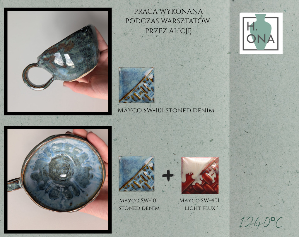Kubek i patera z warsztatów przez Alicję — szkliwa Mayco SW-101 Stoned Denim i SW-401 Light Flux