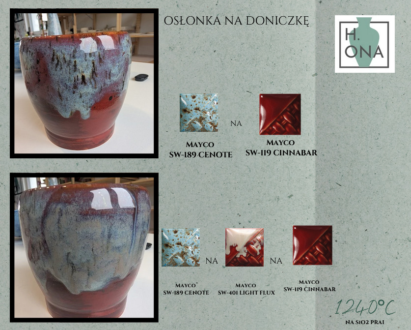 Osłonka na doniczkę — szkliwa Mayco SW-189 Cenote, SW-401 Light Flux i SW-119 Cinnabar nakładane warstwowo
