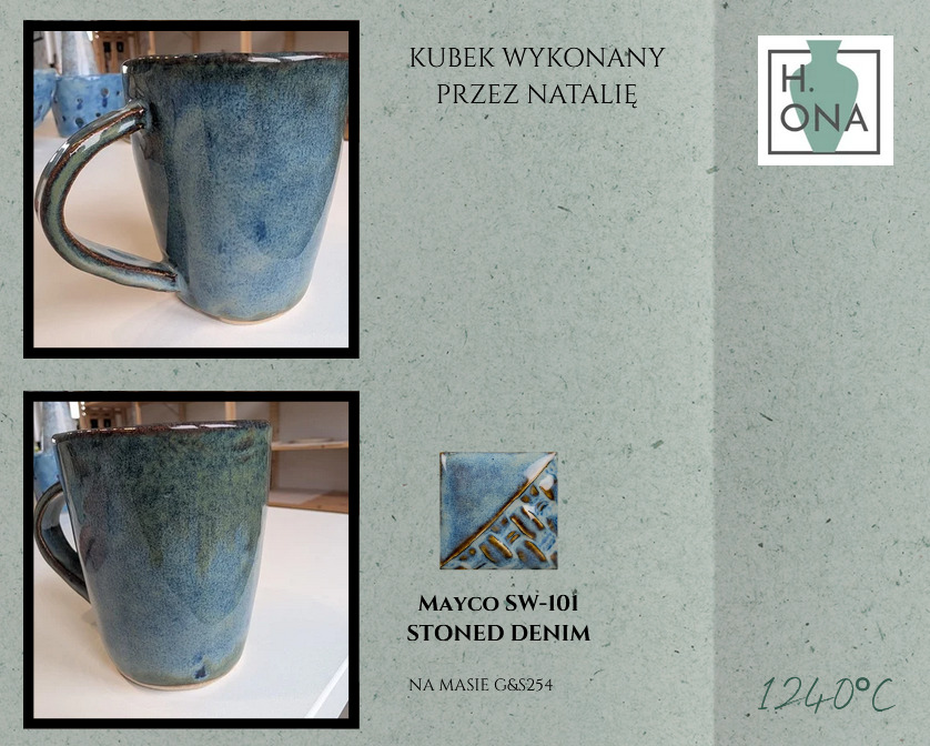 Kubek wykonany przez Natalię — szkliwo Mayco SW-101 Stoned Denim na masie G&S 254