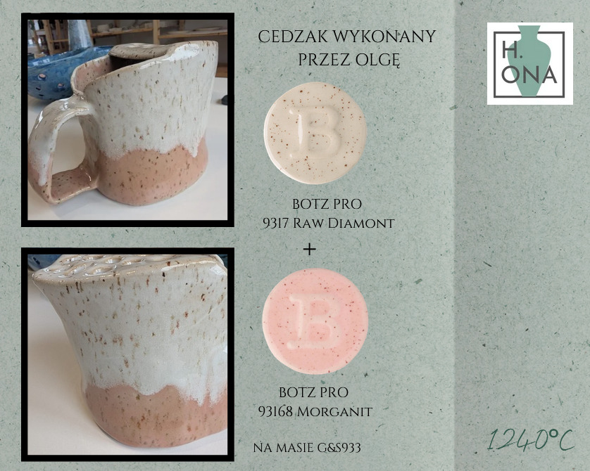 Cedzak wykonany przez Olgę — szkliwa Botz Pro 9317 Raw Diamont i 93168 Morganit na masie G&S 933