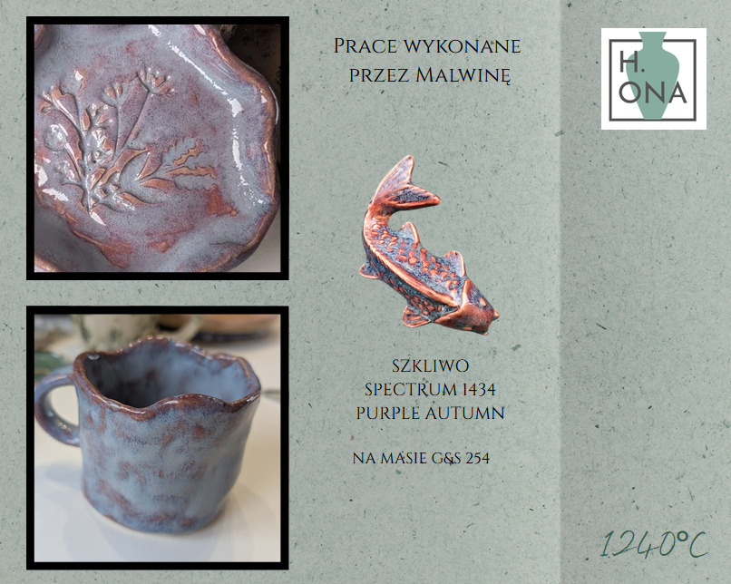 Talerzyk, kubek i ceramiczna rybka wykonane przez Malwinę — szkliwo Spectrum 1434 Purple Autumn na masie G&S 254
