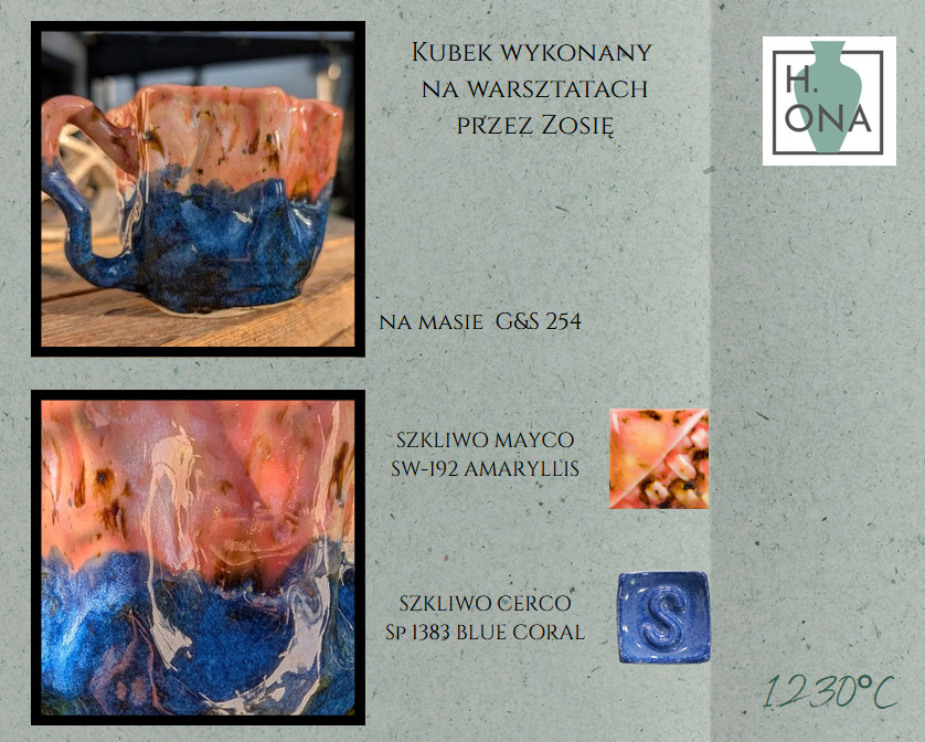Kubek wykonany na warsztatach przez Zosię — szkliwa Mayco SW-192 Amaryllis i Cerco SP 1383 Blue Coral na masie G&S 254