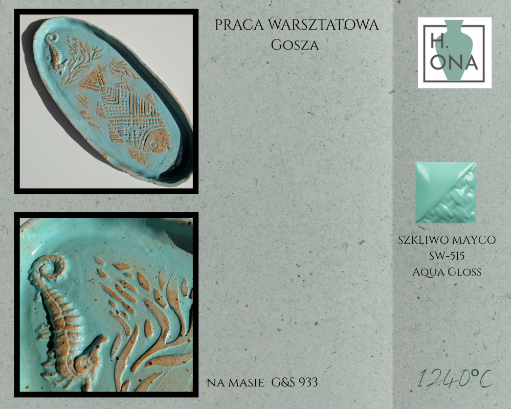 Owalna patera z konikiem morskim wykonana przez Goszę — szkliwo Mayco SW-515 Aqua Gloss na masie G&S 933