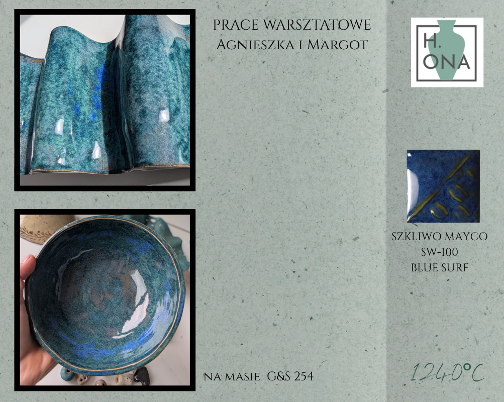 Prace warsztatowe Agnieszki i Margot — szkliwo Mayco SW-100 Blue Surf na masie G&S 254