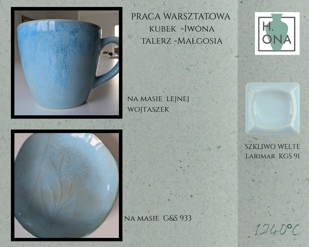 Kubek Iwony i talerz Małgosi — szkliwo Welte KGS 91 Larimar na masie lejnej Wojtaszek i masie G&S 933