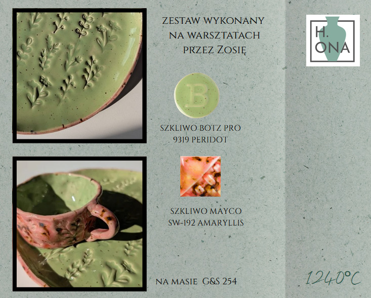 Zestaw wykonany na warsztatach przez Zosię — szkliwa Botz Pro 9319 Peridot i Mayco SW-192 Amaryllis na masie G&S 254